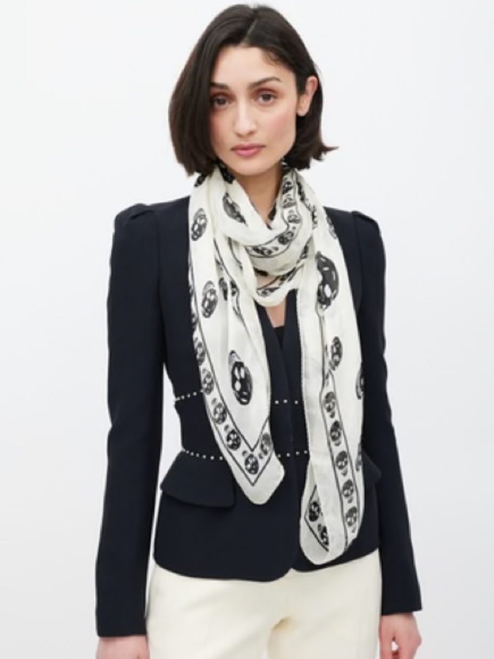 Authentic New Alexander McQueen White Chiffon Scarf w/ multi black Skull motif